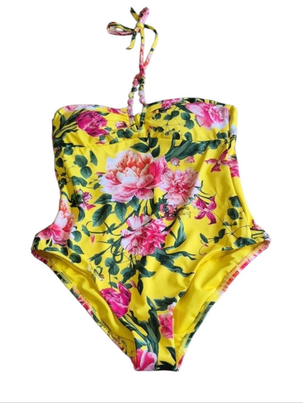 Gibson & Latimer Floral One Piece Swimsuit Small Yellow Pink Halter NWT